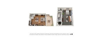 A floor plan of a small apartment with a living room, kitchen, and bedroom.