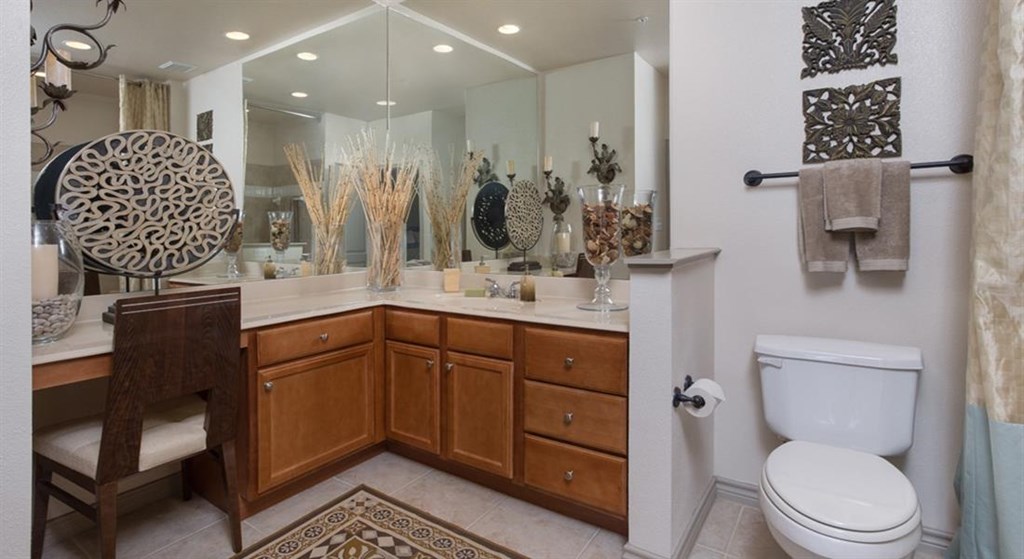 Master bathroom with floating vanities, quartz countertops, backlit vanity mirror, walk-in shower with Euro shower door and quartz-topped bench seat at Estancia Townhomes, Dallas, Texas