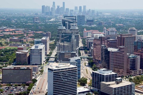 an aerial view Houston with skyscrapers