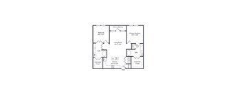 A floor plan of a house with two bedrooms, a living room, a kitchen, and two bathrooms.
