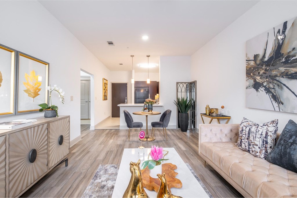spacious, open-concept living room at The Core apartments
