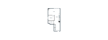 A floor plan of a house with a living room, kitchen, bedroom, and bathroom.