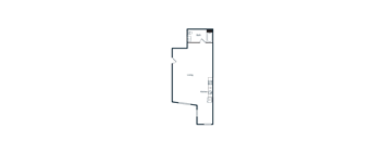 A blueprint of a house with a kitchen, living room, and bathroom.
