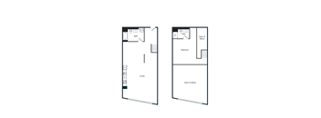 Two images of a room with a desk and a chair.