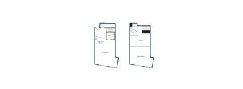 A floor plan of a house with a living room, kitchen, and bathroom.