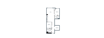 A diagram of a room with labeled furniture and appliances.