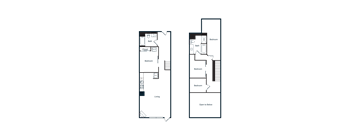 A floor plan of a room with furniture and appliances.