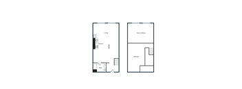 Two blueprints of a room with furniture and appliances.