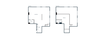 A floor plan of a two-story building with a living room, kitchen, and bathroom on the first floor, and an office on the second floor.