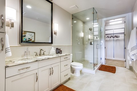 A bathroom with a marble countertop and a large mirror above it.