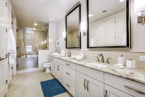 A bathroom with a toilet, sink, and mirror.