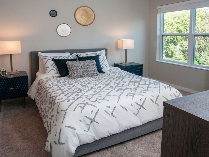 Interior Bedroom with View Berkshire Central Luxury Studio, 1, 2 and 3 Bedroom Pet-Friendly Apartments- 9436 Ulysses Street NE Blaine, MN. 55434, near Downtown Minneapolis MN.