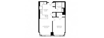 One Bedroom One Bathroom 1 A - 1 ADA Floorplan at The Benjamin Seaport Residences, Boston, MA, 02210