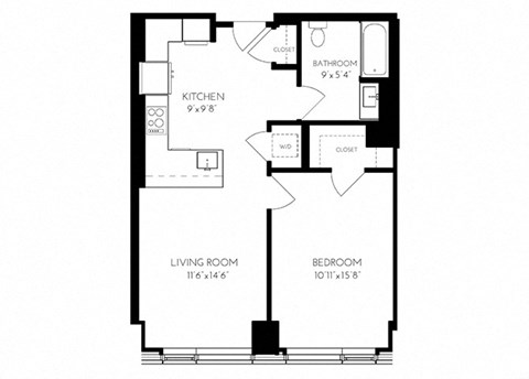 One Bedroom One Bathroom 1 A - 1 ADA Floorplan at The Benjamin Seaport Residences, Boston, MA, 02210