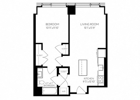 One Bedroom One Bathroom 1 A - 2  Floorplan at The Benjamin Seaport Residences, Boston