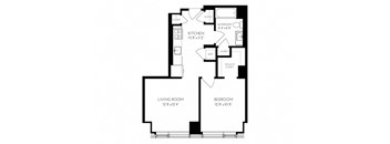 One Bedroom One Bathroom 1B - 1 Floorplan at The Benjamin Seaport Residences, Massachusetts