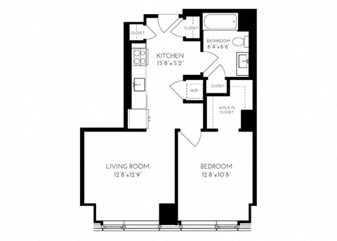 One Bedroom One Bathroom 1B - 1 Floorplan at The Benjamin Seaport Residences, Massachusetts