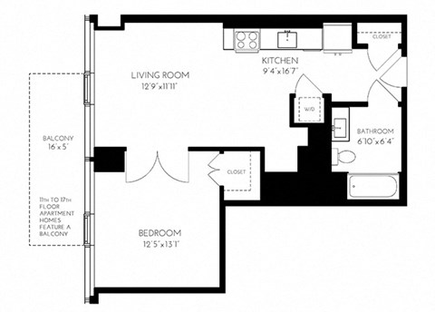 One Bedroom One Bathroom 1C - 1 Floorplan at The Benjamin Seaport Residences, Massachusetts, 02210