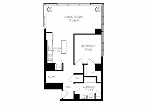 One Bedroom One Bathroom 1 E - 1  Floorplan at The Benjamin Seaport Residences, Massachusetts