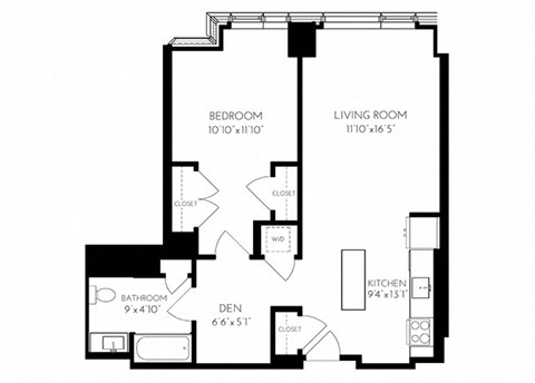 One Bedroom One Bathroom 1 F - 1 Floorplan at The Benjamin Seaport Residences, Boston, MA, 02210
