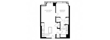 One Bedroom One Bathroom 1M-1  Floorplan at The Benjamin Seaport Residences, Boston, Massachusetts