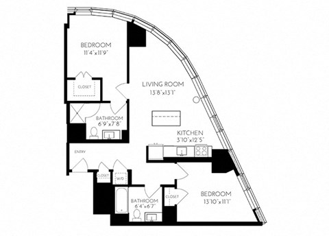 Two Bedroom Two Bathroom 2 A - 1  Floorplan at The Benjamin Seaport Residences, Boston, MA