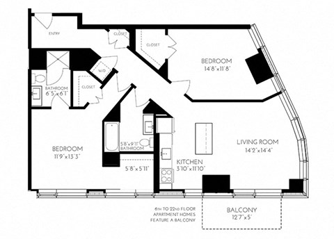 Two Bedroom Two Bathroom 2 B - 1 Floorplan at The Benjamin Seaport Residences, Massachusetts