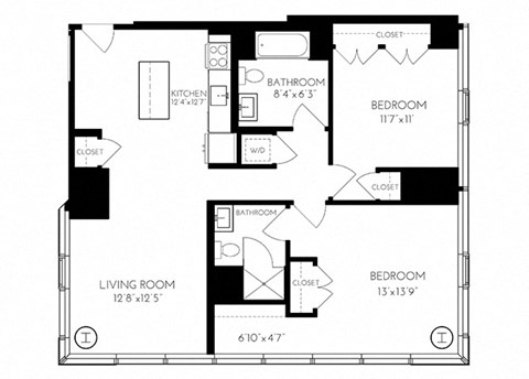 Two Bedroom Two Bathroom 2 C - 1  Floorplan at The Benjamin Seaport Residences, Boston, Massachusetts