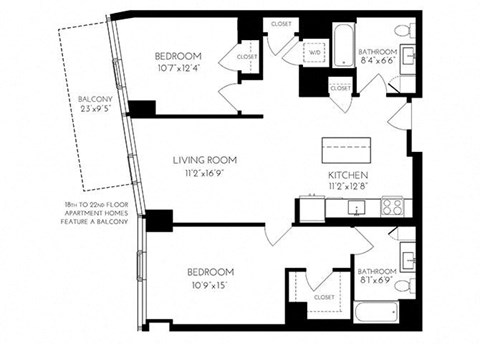 Two Bedroom Two Bathroom 2 D - 1  Floorplan at The Benjamin Seaport Residences, Massachusetts, 02210
