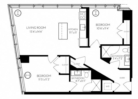 Two Bedroom Two Bathroom 2K - 1  Floorplan at The Benjamin Seaport Residences, Massachusetts, 02210