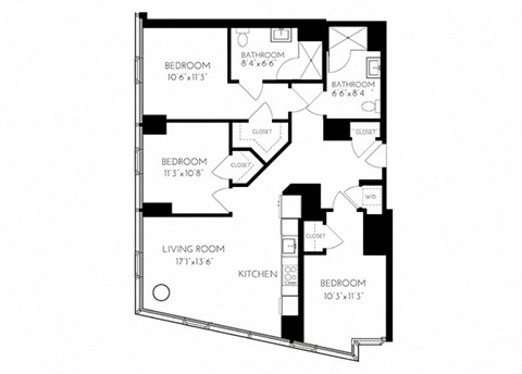Three Bedroom Two Bathroom 3 A - 1 ADA Floorplan at The Benjamin Seaport Residences, Boston, MA