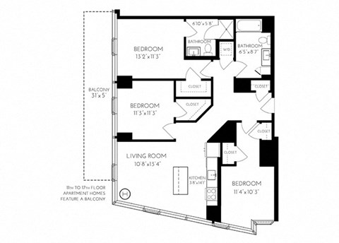 Three Bedroom Two Bathroom 3 A - 1 Floorplan at The Benjamin Seaport Residences, Boston, MA, 02210