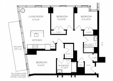 Three Bedroom Two Bathroom 3 B - 1 Floorplan at The Benjamin Seaport Residences, Boston