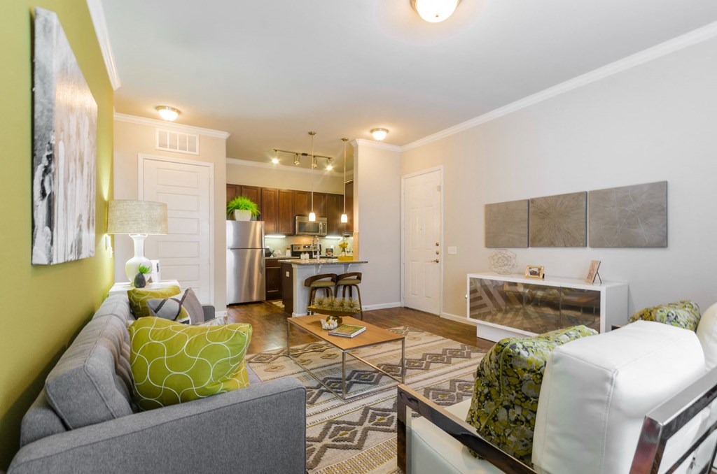 Living room with sofas at Park 3Eighty, Aubrey