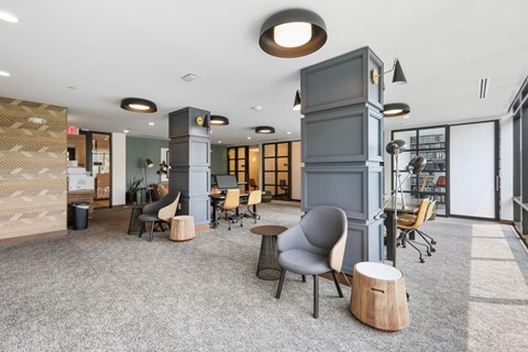 Trellis House apartments social area with collaborative and individual work spaces