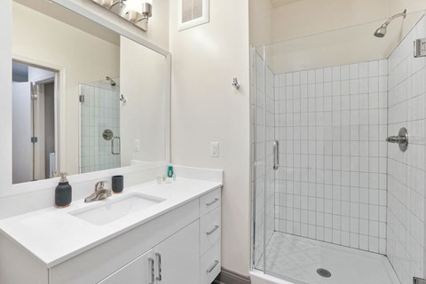 Trellis House apartments bathroom with oversized, tiled shower