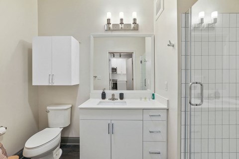 Trellis House apartments bathroom with custom cabinetry and designer lighting