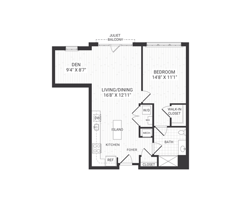 one bedroom floor plan at The James apartments Park Ridge, NJ
