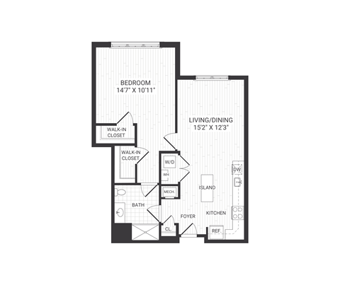 one bedroom floor plan at The James apartments Park Ridge, NJ