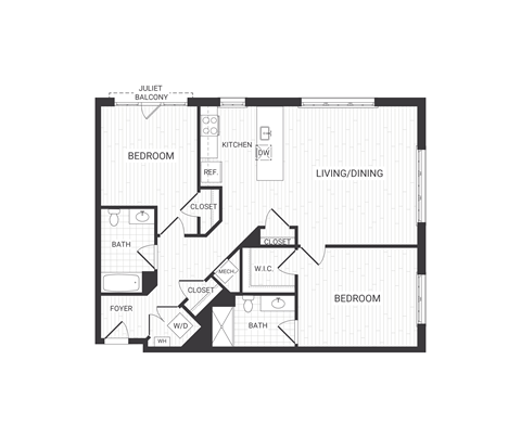 A black and white floor plan of a two bedroom apartment.