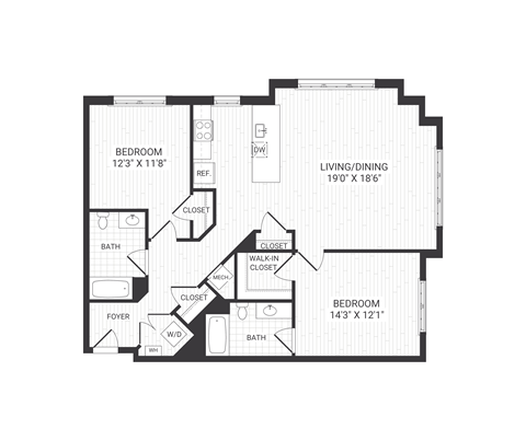 two bedroom floor plan at The James apartments Park Ridge, NJ