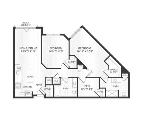 two bedroom floor plan at The James apartments Park Ridge, NJ
