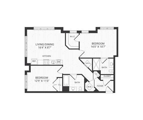 two bedroom floor plan at The James apartments Park Ridge, NJ