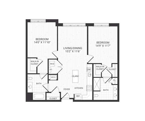 two bedroom floor plan at The James apartments Park Ridge, NJ