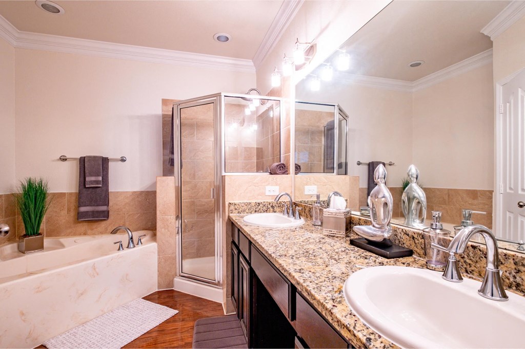 a bathroom with two sinks and a shower and a tub