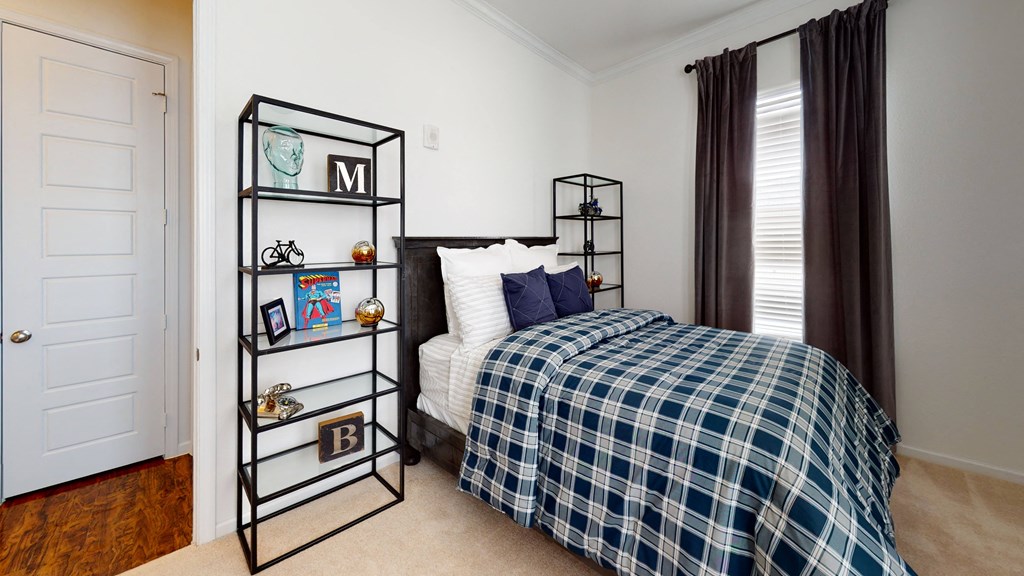a bedroom with a bed and a bookcase
