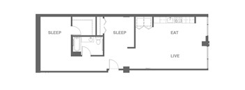 A floor plan of a small apartment with two bedrooms, a living room, and a kitchen.