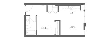 A floor plan of a small apartment with a sleeping area, a living area, and a kitchen.