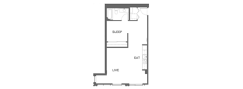 A floor plan of a small apartment with sleeping, eating and living areas.