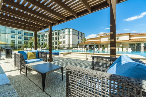 A patio with a table and chairs overlooking a pool.